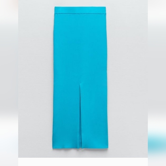 ZARA Ribbed Knit High-waist Midi Skirt w/ Elastic Waistband BackVent.Aqua Blue.M - Picture 6 of 16
